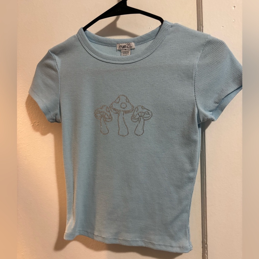 Rue21 Blue Ribbed Baby Doll Crop Tee W/ Sequin Mushroom Design Size Small NWOT